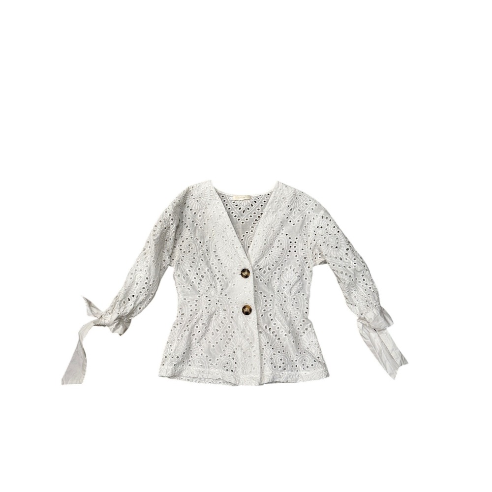 White Eyelet Lace Button Front V‎ Neck Tie Sleeve Peasant Blouse Top Women